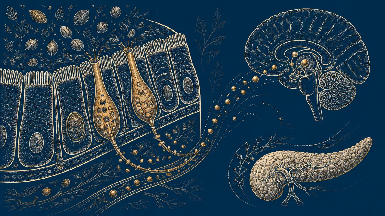 Illustration : les cellules L de l'intestin libèrent le GLP-1 vers le cerveau et le pancréas