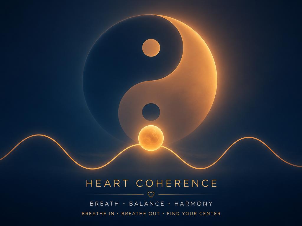 Cohérence cardiaque : sphère lumineuse sur onde, yin & yang en arrière-plan