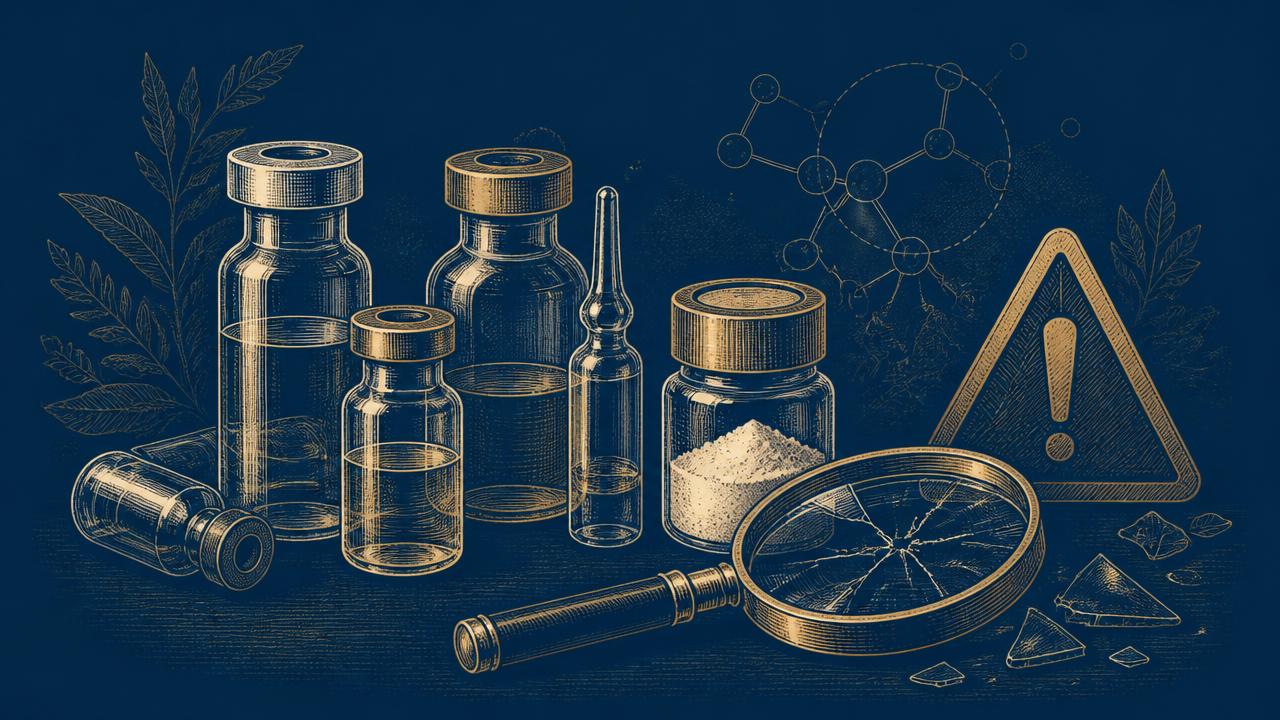 Illustration : flacons de peptides non étiquetés, loupe brisée et symbole d'avertissement