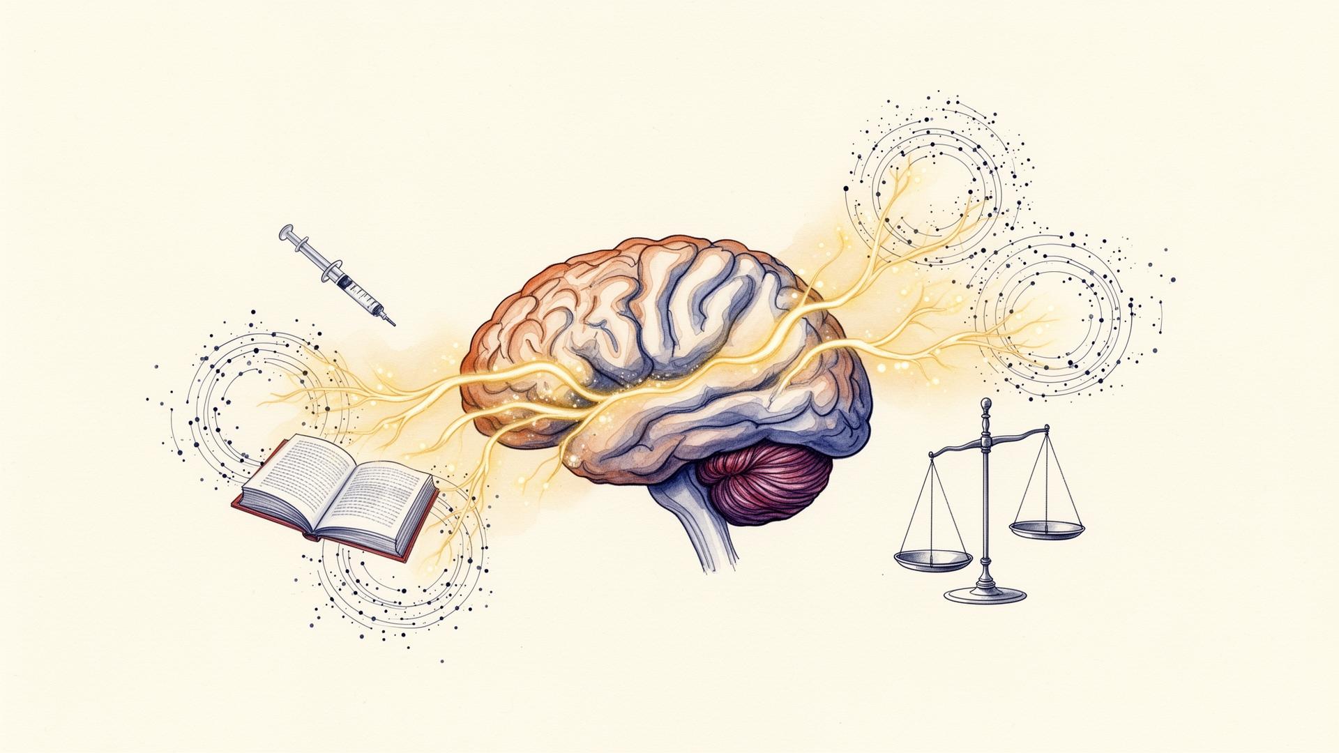 Illustration éditoriale : un cerveau aquarellé, des circuits de récompense en pointillés, un stylo injecteur, un livre et une balance, au-delà du poids.
