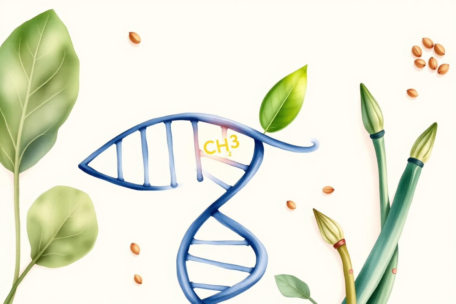 Illustration éditoriale : double hélice d'ADN bleu indigo se déroulant pour révéler un groupe méthyle CH3 et un folate vert, entourée d'épinards, lentilles et asperges.