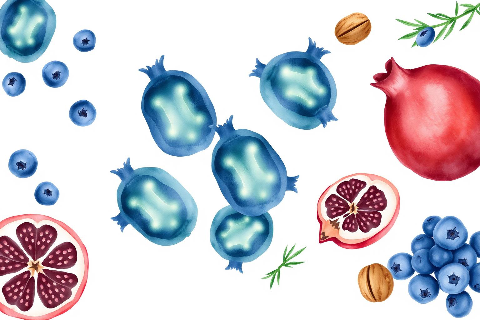 Illustration éditoriale : grappe de mitochondries bleu indigo et vert sauge, entourées de grenade, myrtilles, noix et romarin, à l'aquarelle.