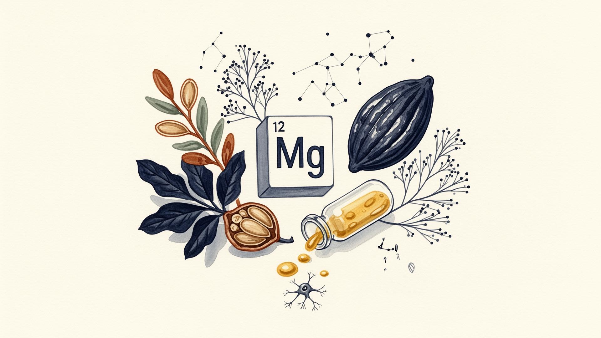 Illustration éditoriale : tuile Mg du tableau périodique, graines, cacao, feuilles vertes et flacon d'huile dorée vers un neurone stylisé.