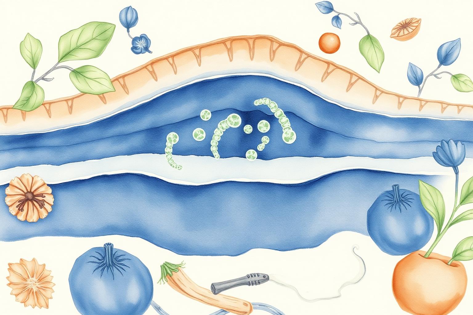 Illustration aquarelle d'une coupe de peau en bleu indigo avec son microbiote cutané représenté par des sphères vertes, entourée d'aliments fermentés.
