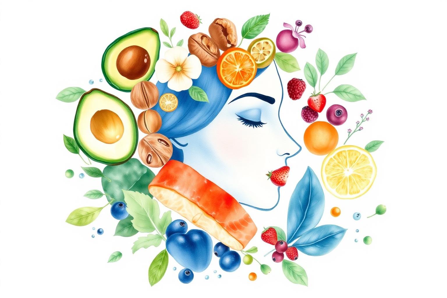 Illustration aquarelle d'un profil féminin bleu indigo entouré d'aliments nourrissant la peau : avocat, noix, saumon, baies, agrumes.