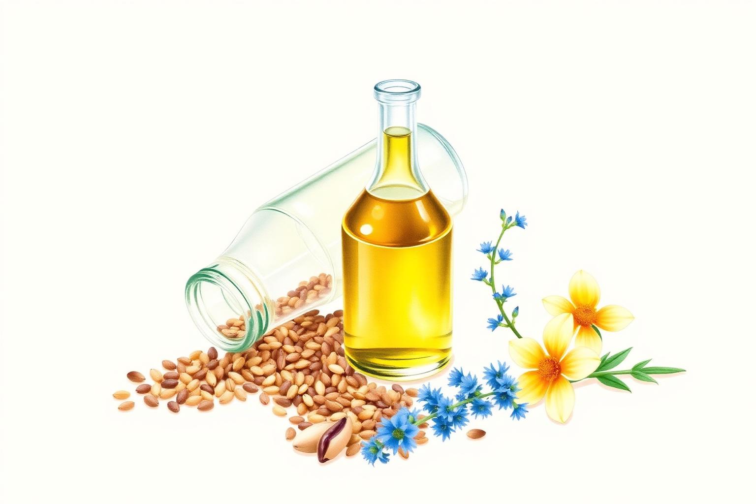 Illustration éditoriale aquarelle : bouteilles d'huile dorées, graines de tournesol et sésame, fleurs de bourrache bleues et primevère du soir.