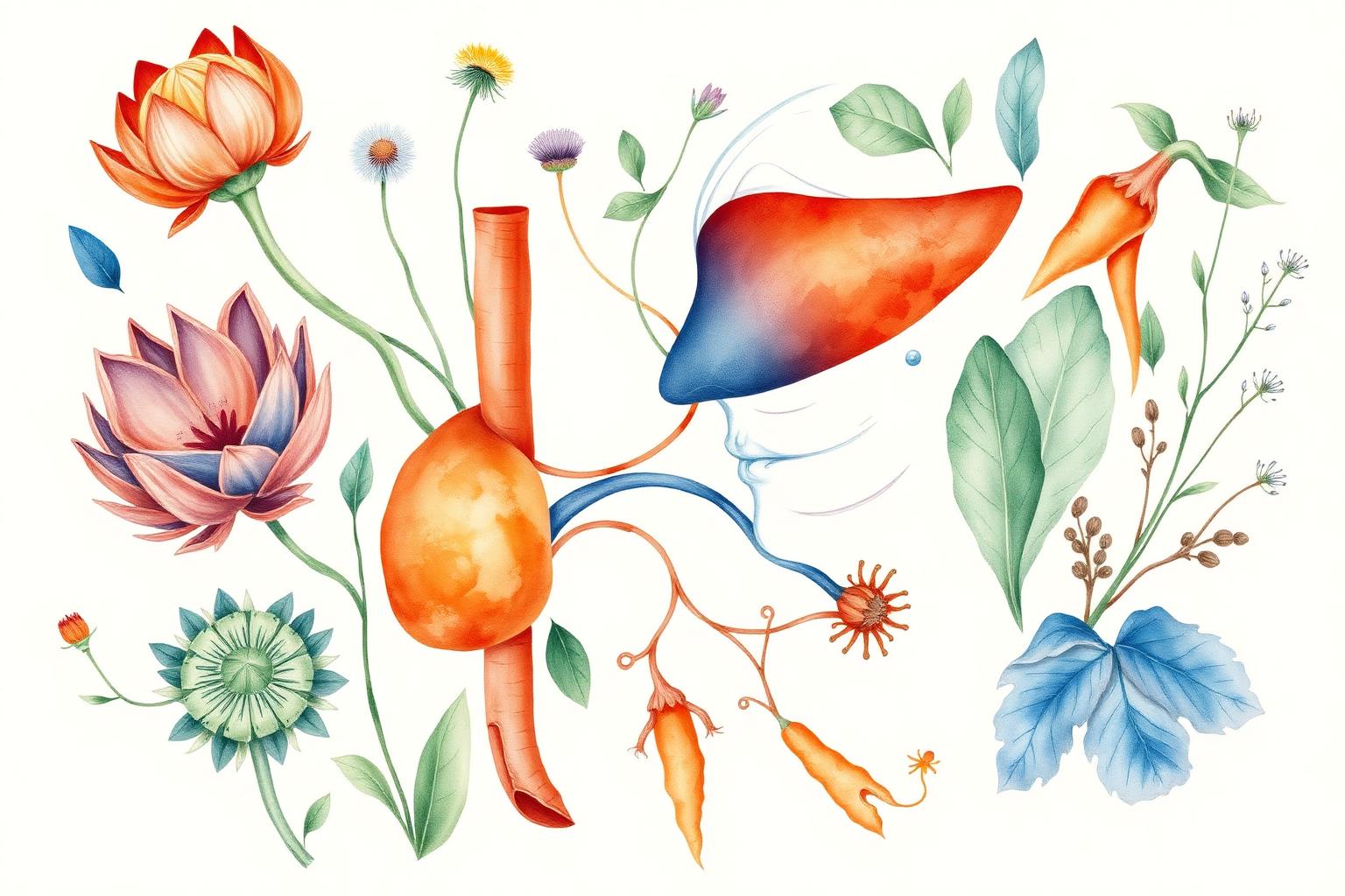 Illustration aquarelle d'un foie en tons rouille relié à un profil bleu indigo, entouré de plantes détoxifiantes (artichaut, pissenlit, chardon-Marie, curcuma).