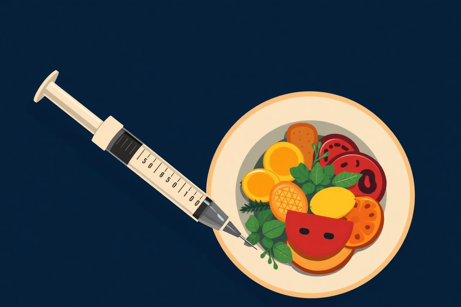 Illustration éditoriale : un stylo injecteur d'Ozempic face à une assiette colorée de vrais aliments.