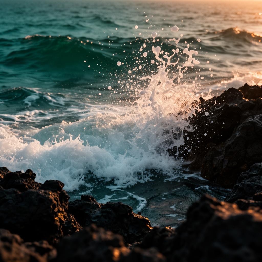 Vague océanique se brisant sur des rochers volcaniques au coucher du soleil.