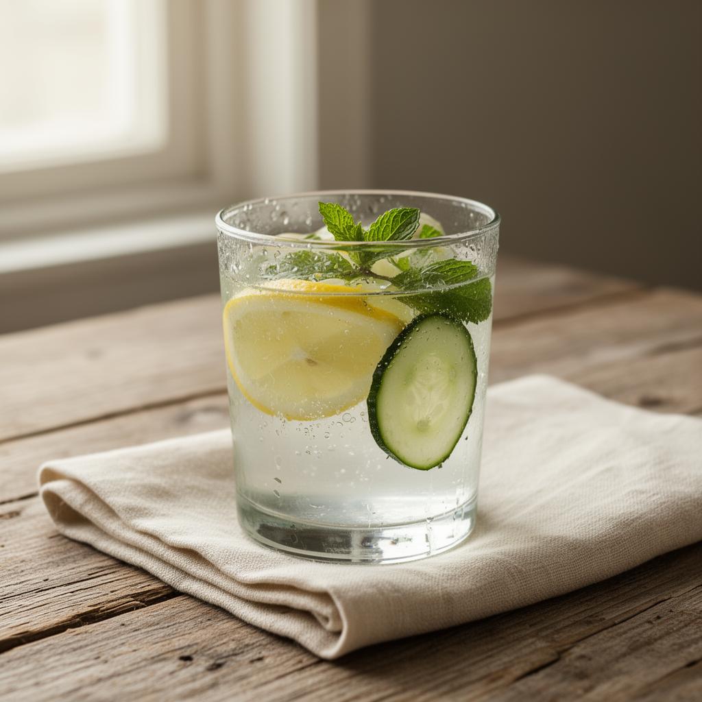 Verre d'eau avec citron, concombre et menthe sur table en bois, lumière du matin.