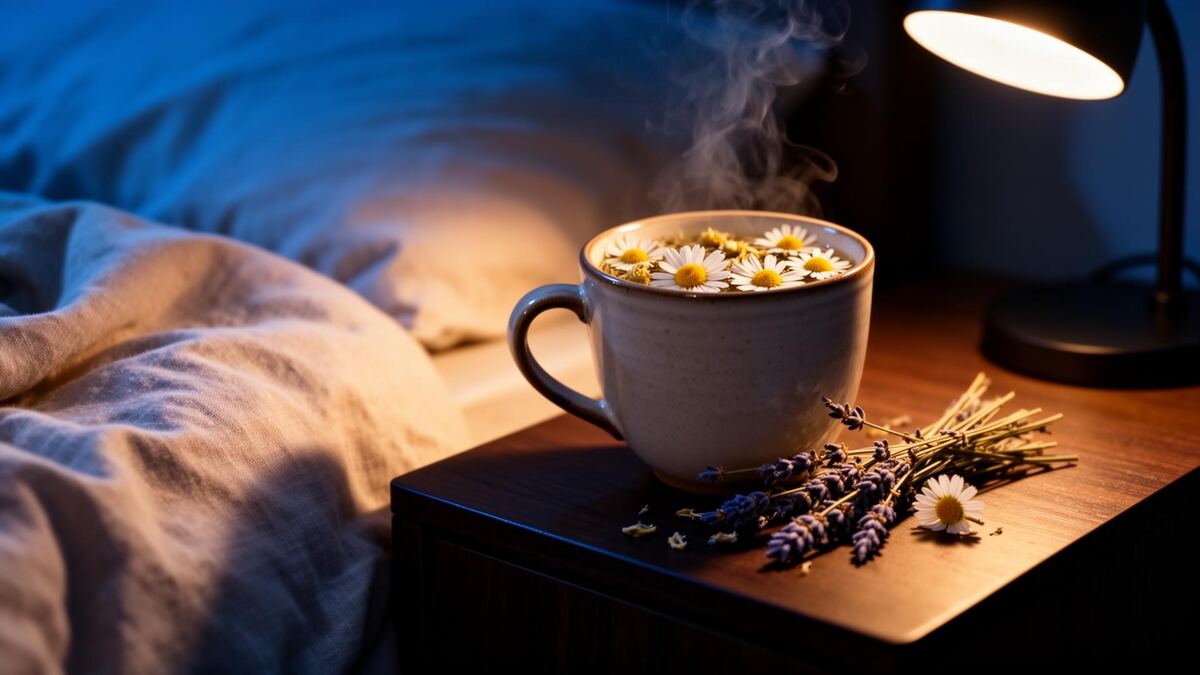 Tisane camomille et lavande au chevet du lit