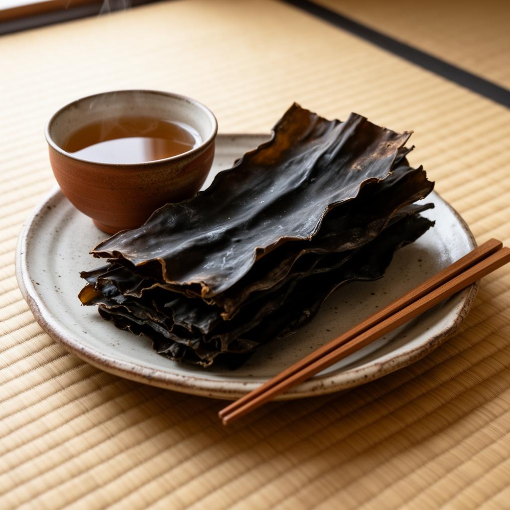 Feuilles de kombu séché et bol de dashi froid sur tatami, baguettes en bois.