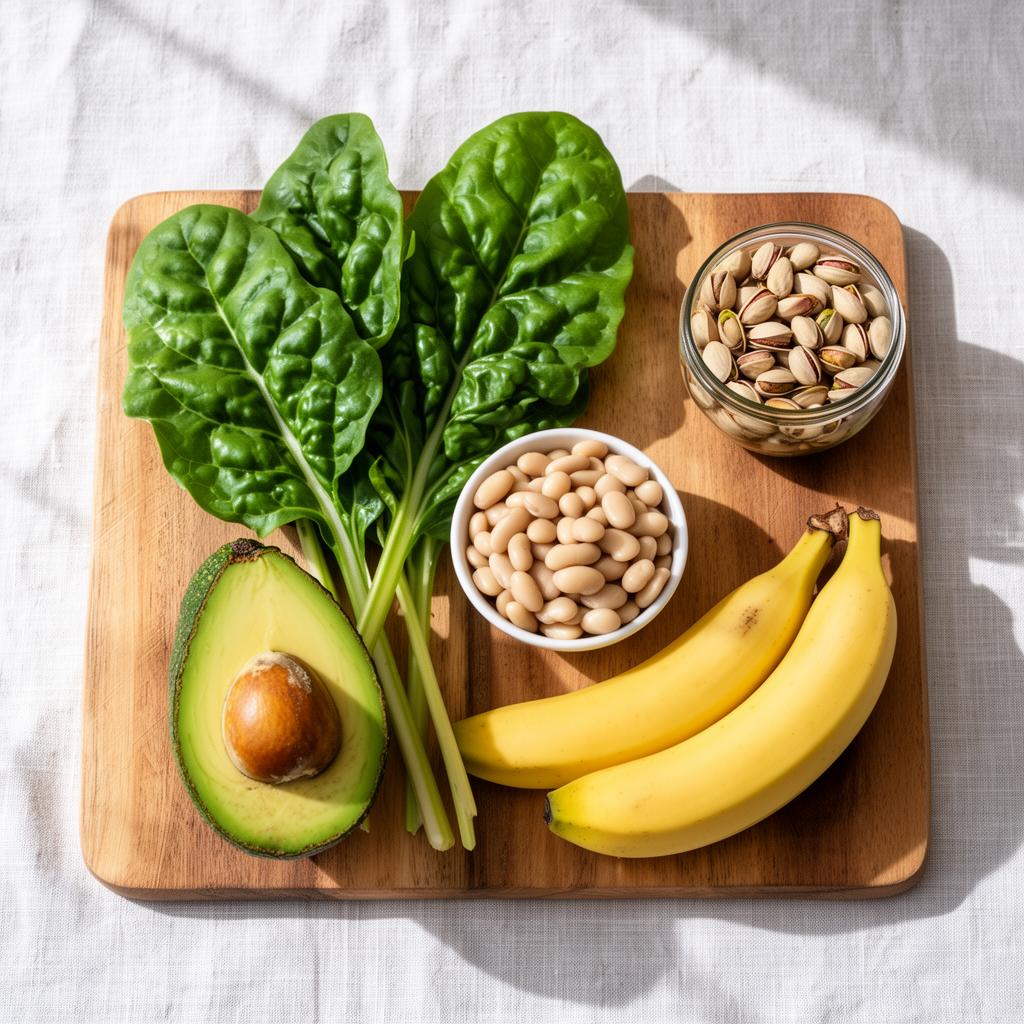 Planche en bois avec avocat, blettes, haricots blancs, bananes et pistaches, vue de dessus.