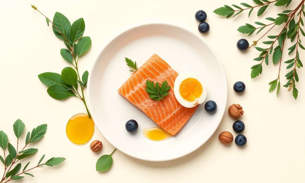 Assiette équilibrée : saumon, oeuf, baies, oléagineux
