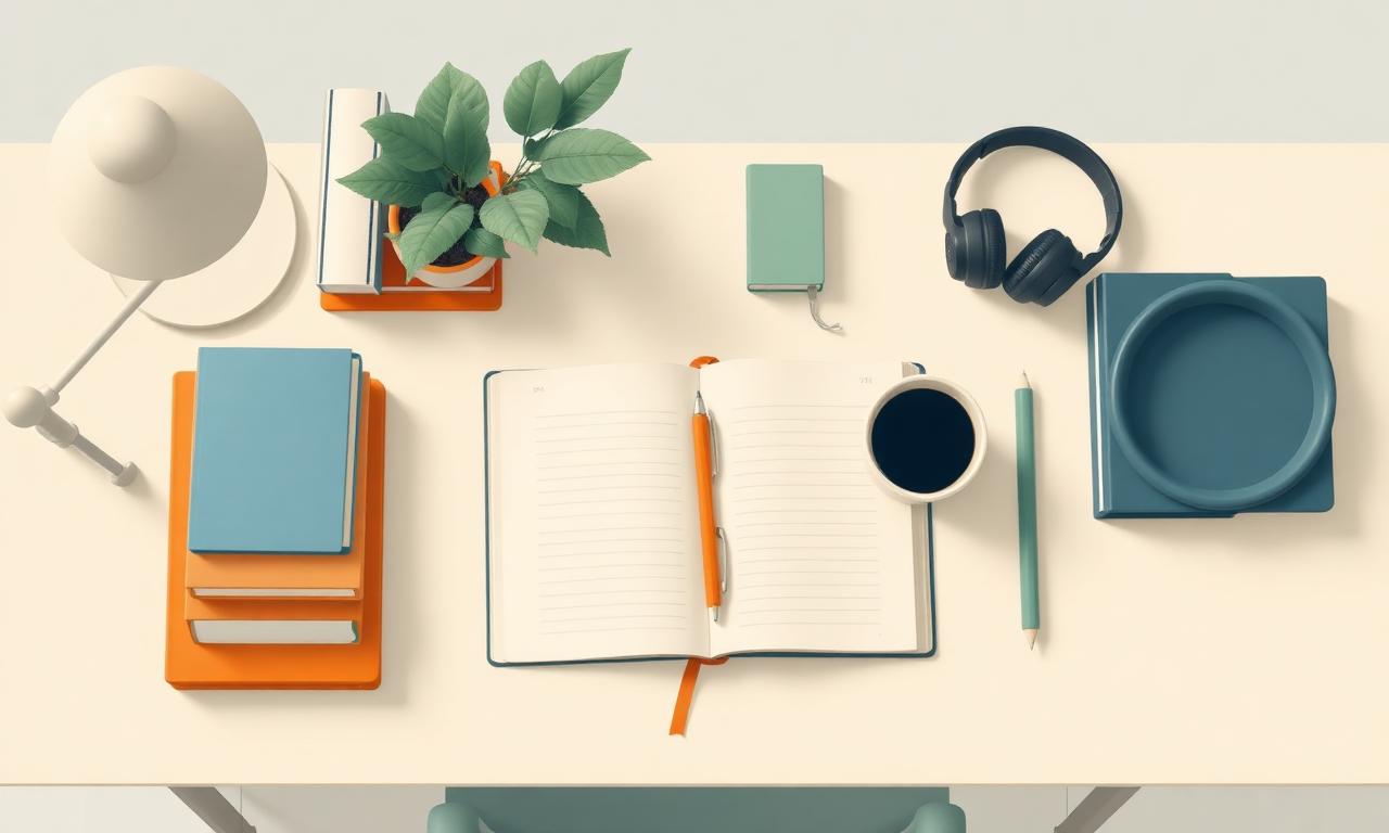 Bureau d'étude vu de dessus avec carnet, livres et plantes