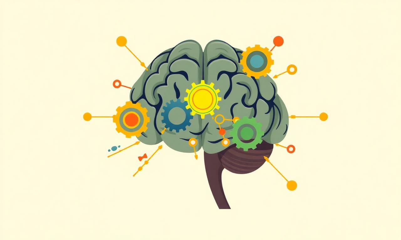 Cortex préfrontal stylisé orchestrant des engrenages colorés