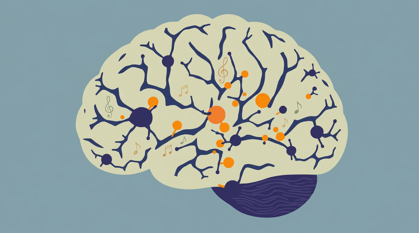 Cerveau stylisé avec dépôts amyloïdes ambrés entre les neurones