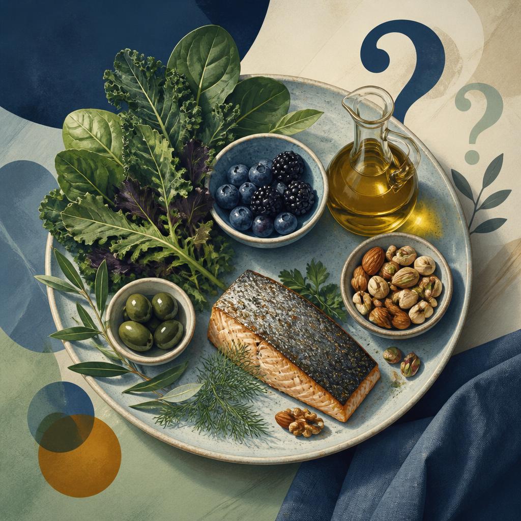 Assiette régime MIND avec légumes, baies, huile d'olive, poisson
