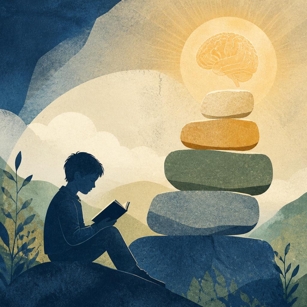 Enfant lisant, cairn de pierres et cerveau lumineux : socle de la jeunesse