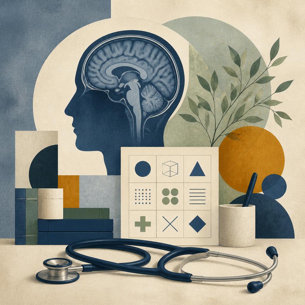 Instruments d'évaluation cognitive et cerveau stylisé