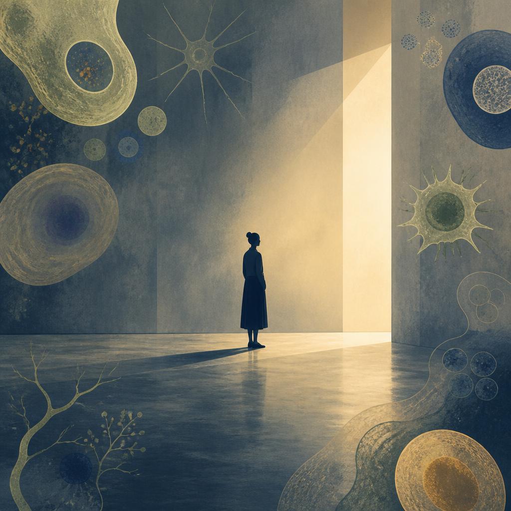Silhouette seule dans une pièce, motifs cellulaires en fond