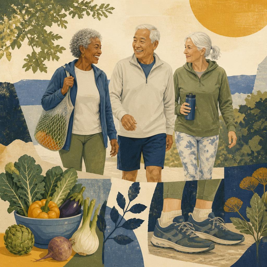 Trio de seniors marchant avec panier de légumes et baskets
