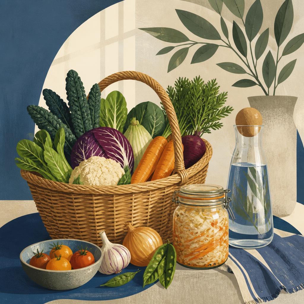 Panier de marché avec légumes, ferments et carafe d'eau