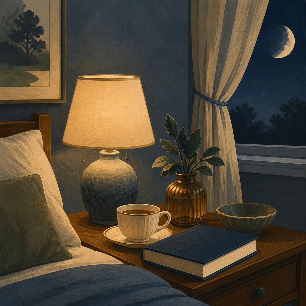Chevet apaisant : lampe chaude, livre, tisane, lune