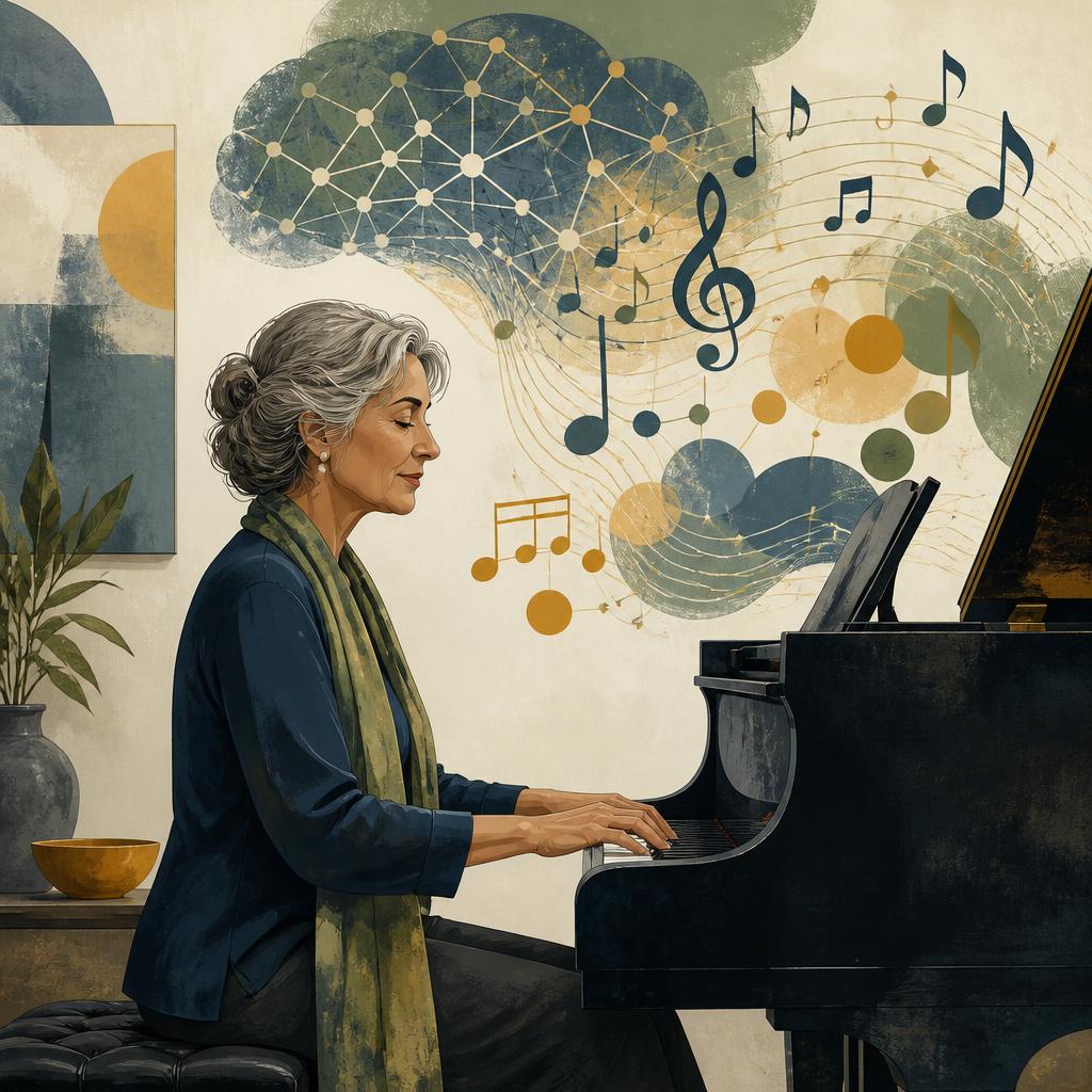 Adulte au piano, notes formant des connexions neuronales