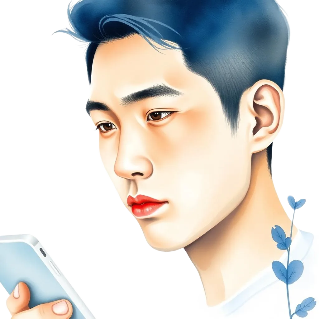 Personnage aquarelle pensif devant un téléphone