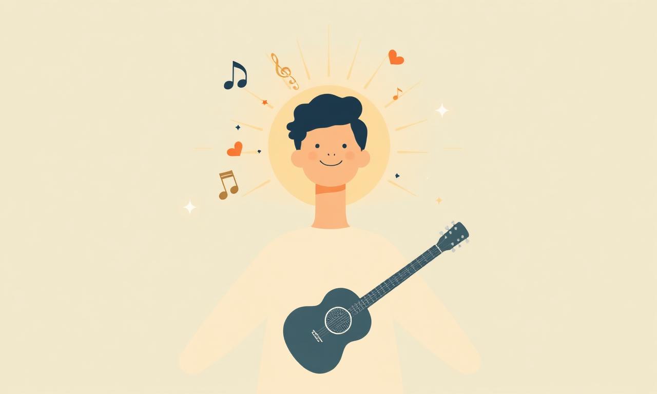 Jeune adulte guitariste rayonnant, notes de musique et étincelles