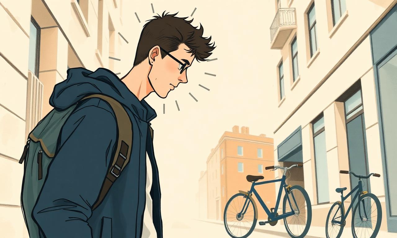 Jeune adulte curieux observant les détails d'une rue urbaine, cercles d'attention