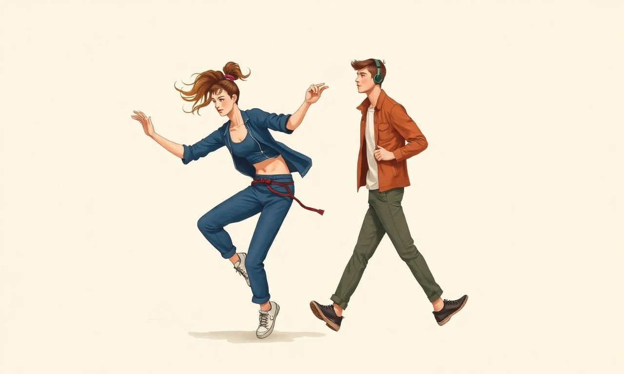 Jeune femme dansant et jeune homme marchant, mouvement et énergie