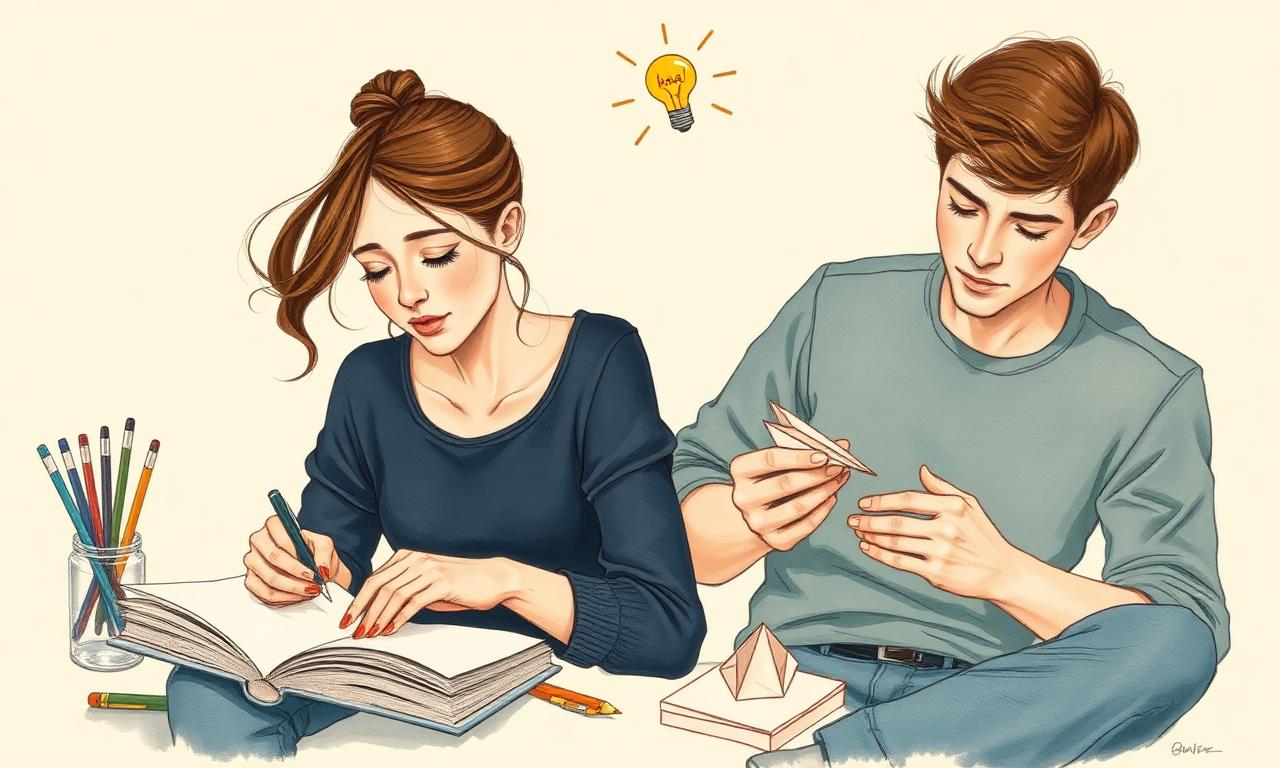 Jeune femme dessinant et jeune homme pliant un origami, ampoule idée au-dessus