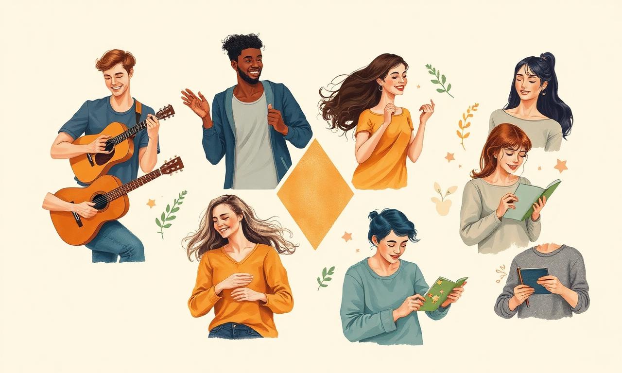 Collage de jeunes adultes pratiquant six activités dopaminergiques : musique, échanges sociaux, mouvement, micro-victoires, attention, créativité