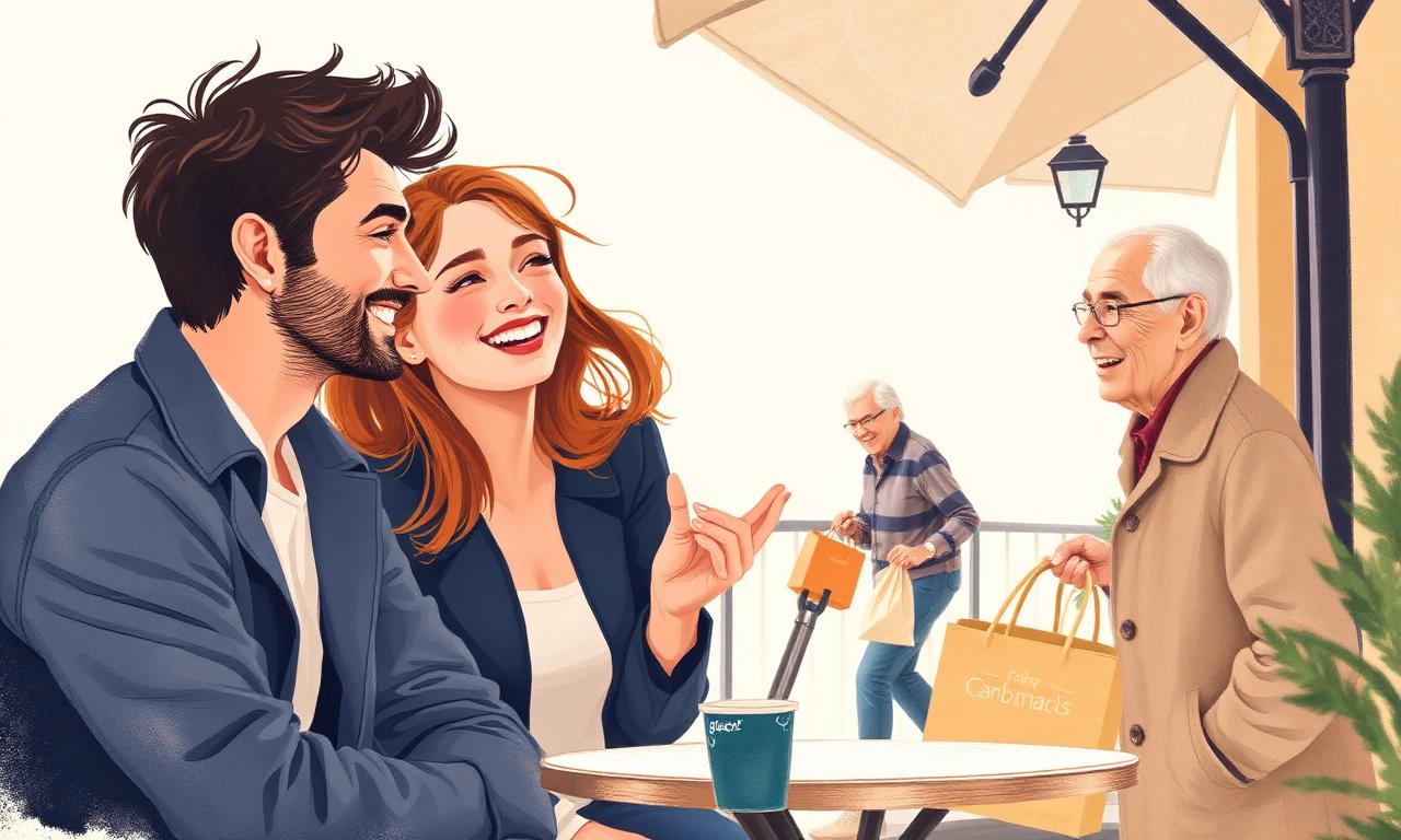 Jeunes adultes en conversation chaleureuse en terrasse, un troisième aidant une personne âgée