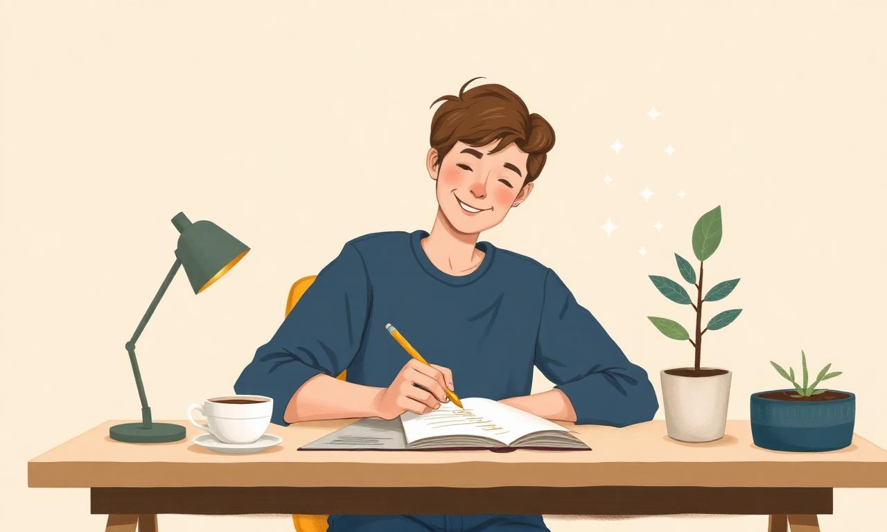 Jeune adulte souriant à son bureau cochant une liste de micro-tâches, étincelles