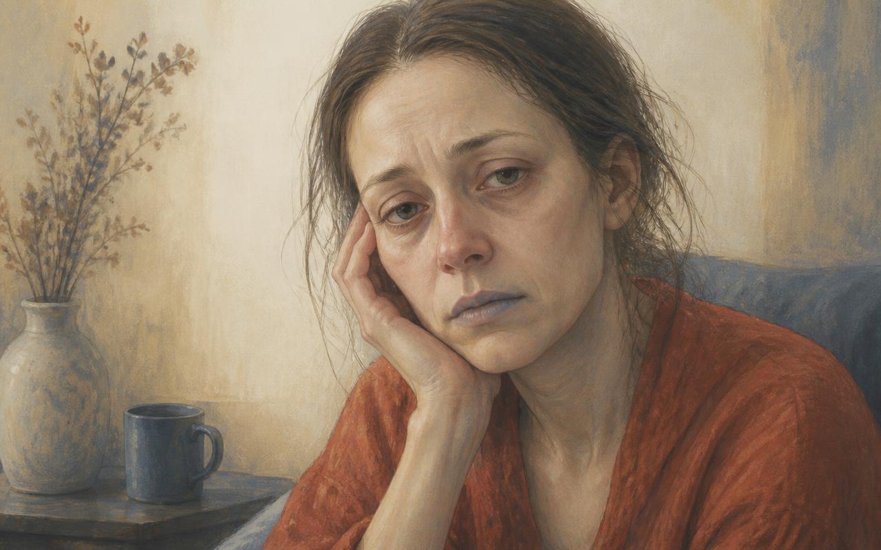 Portrait illustré d'une femme épuisée : teint pâle, cernes marqués, regard éteint, cheveux clairsemés.