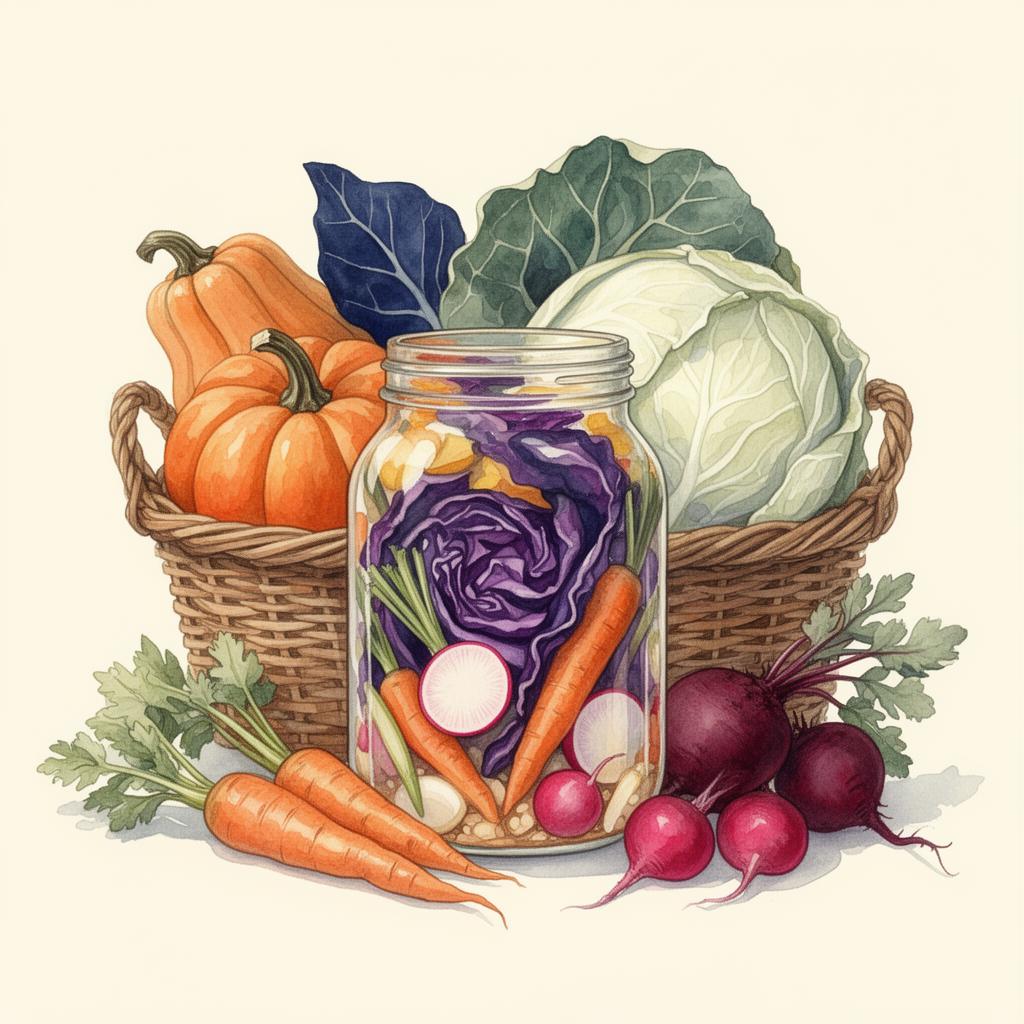Bocal de légumes lacto-fermentés (chou rouge, carottes, radis) entouré d'un panier de légumes bio : courge orange, betteraves rouges, chou blanc
