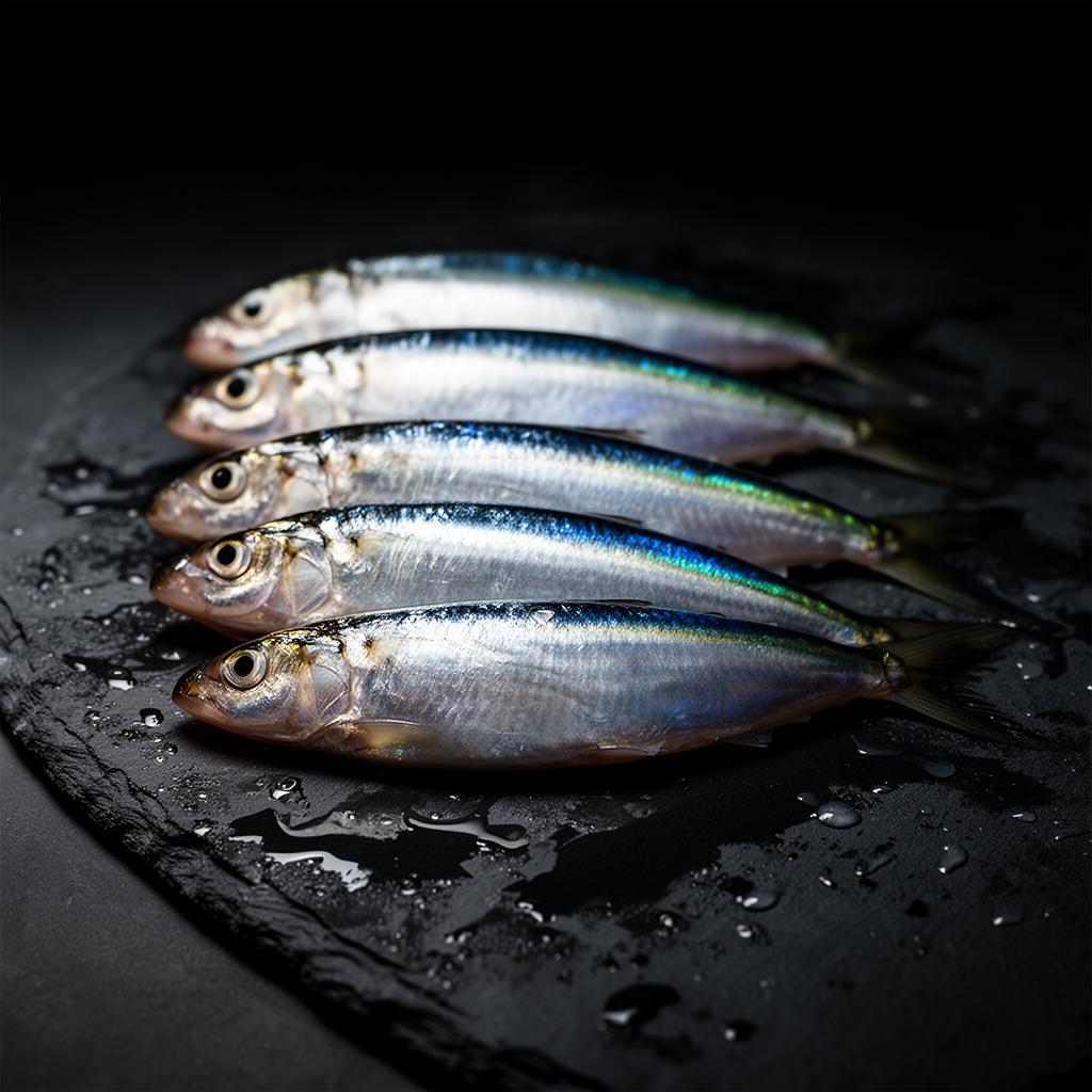 Sardine fraîche en lumière dorée, photographie macro