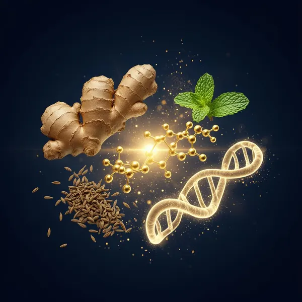 Illustration éditoriale : racine de gingembre, graines de cumin, menthe, structures moléculaires dorées sur fond bleu nuit