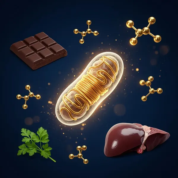 Illustration éditoriale : mitochondrie dorée, chocolat noir, persil, foie, molécules sur fond bleu nuit