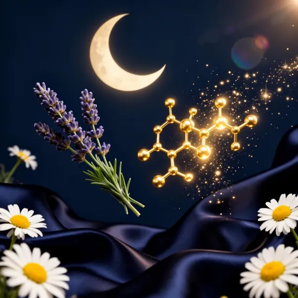 Editorial illustration: moon, lavender sprig, chamomile, golden melatonin molecule, midnight blue silk