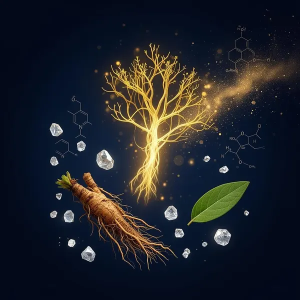 Illustration éditoriale : nerf vague doré, racine de rhodiola, cristaux de magnésium, feuille d'ashwagandha sur fond bleu nuit