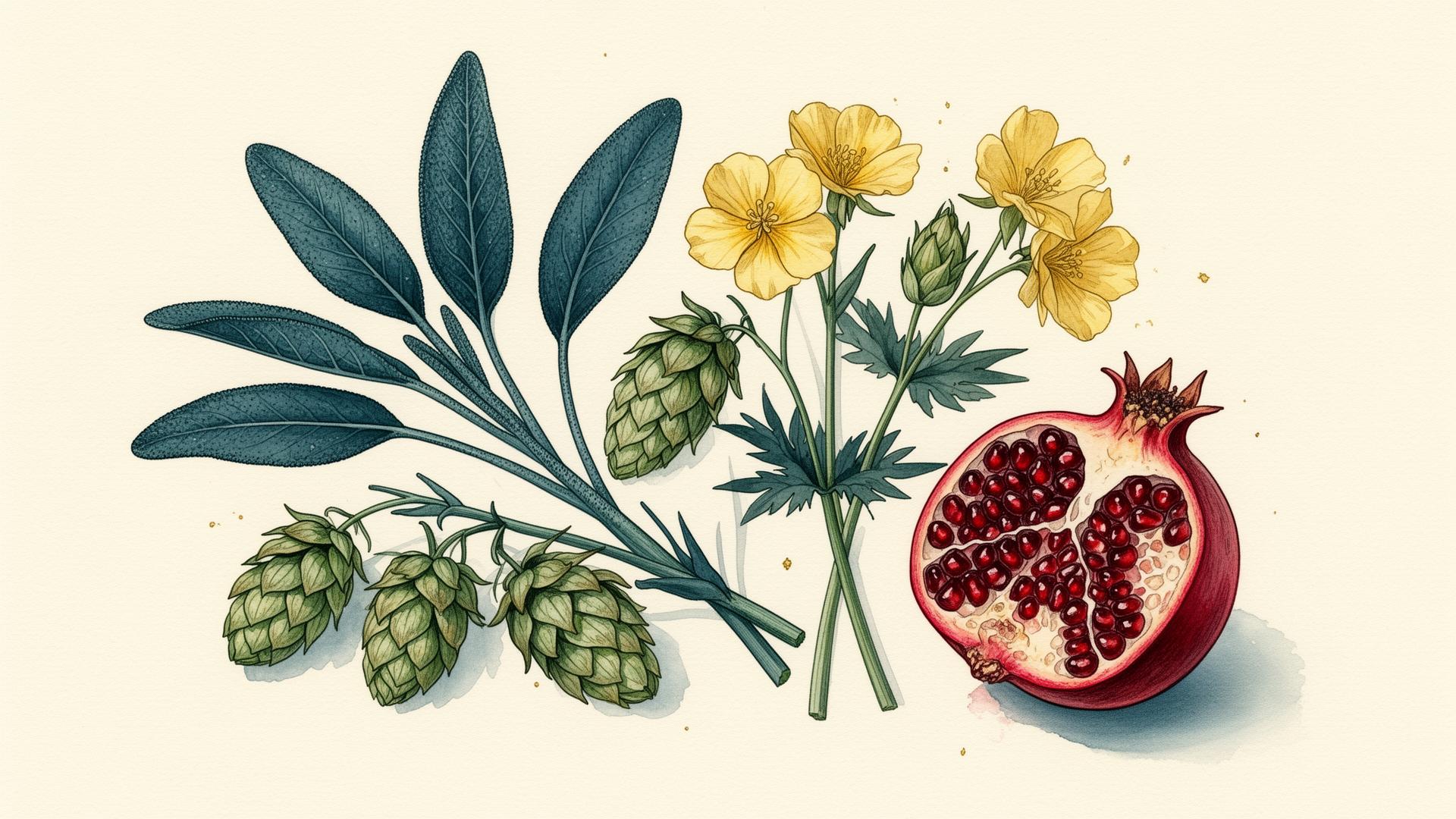 Illustration botanique aquarelle : sauge, houblon, onagre, grenade