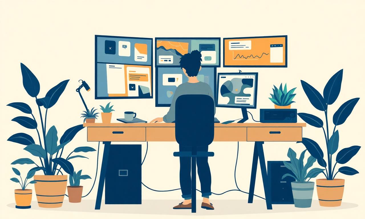 Espace de travail créatif avec écrans, plantes et bureau