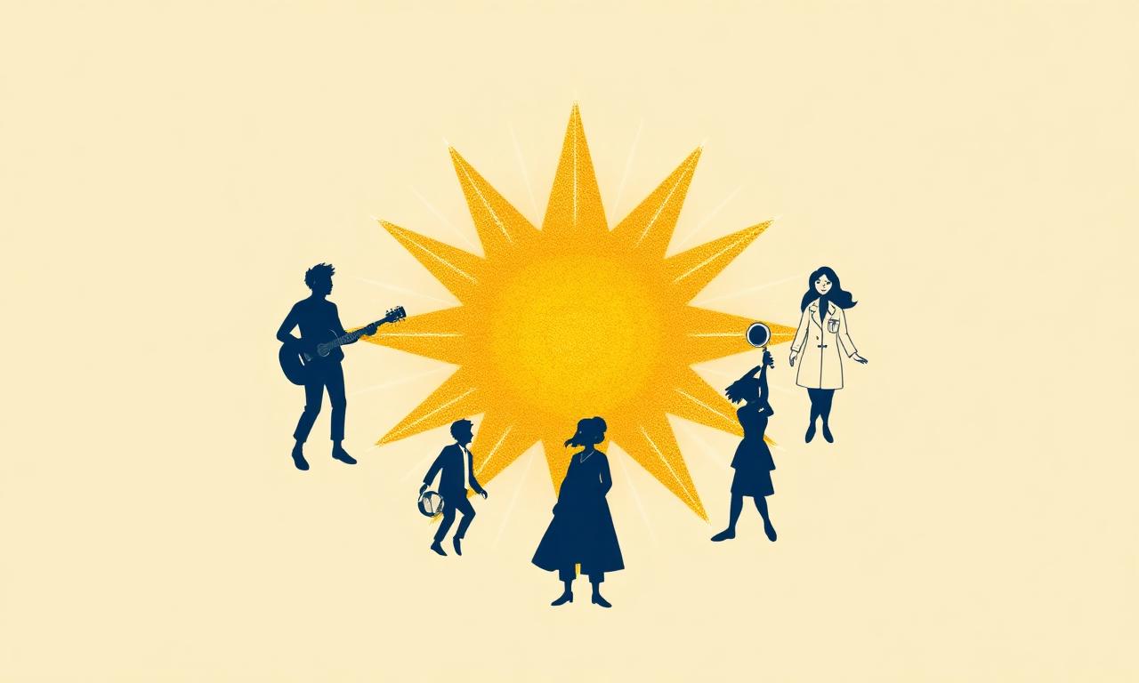 Étoile dorée entourée de silhouettes de jeunes adultes aux profils variés (musicien, scientifique, athlète, entrepreneure)