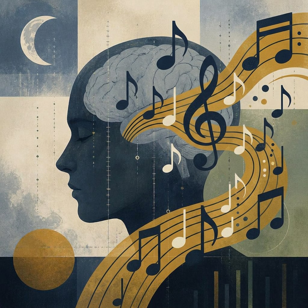 Silhouette de profil avec cerveau d'où s'échappe un flux de notes de musique dorées, illustration Synapsound