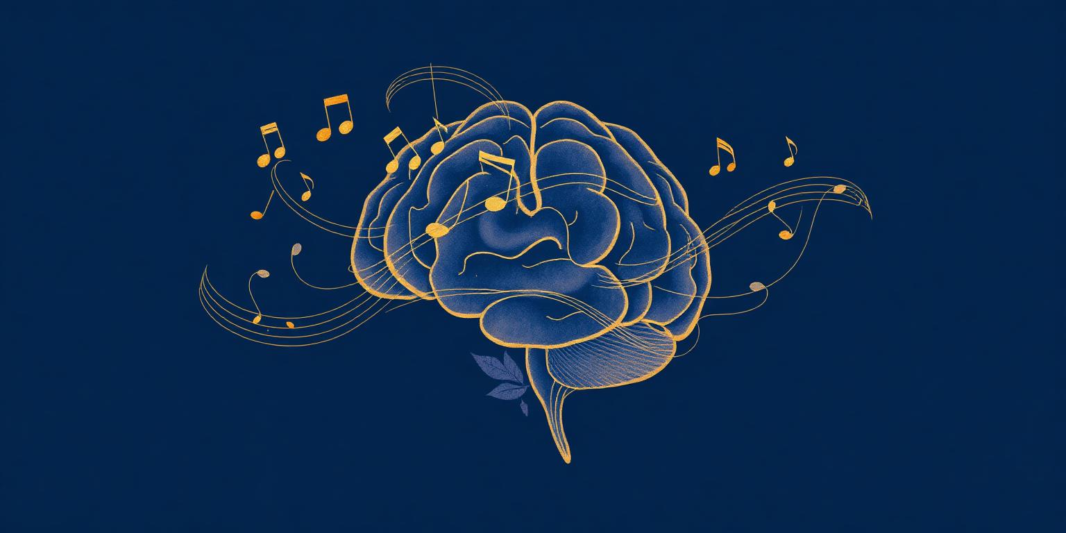Illustration d'un cerveau entrelacé de notes de musique