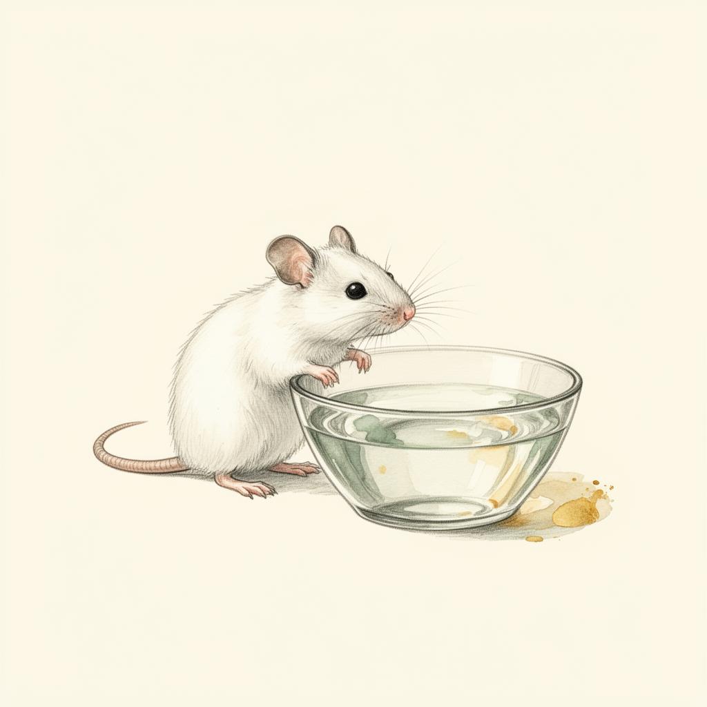 Souris devant un bol d'eau, illustration aquarelle